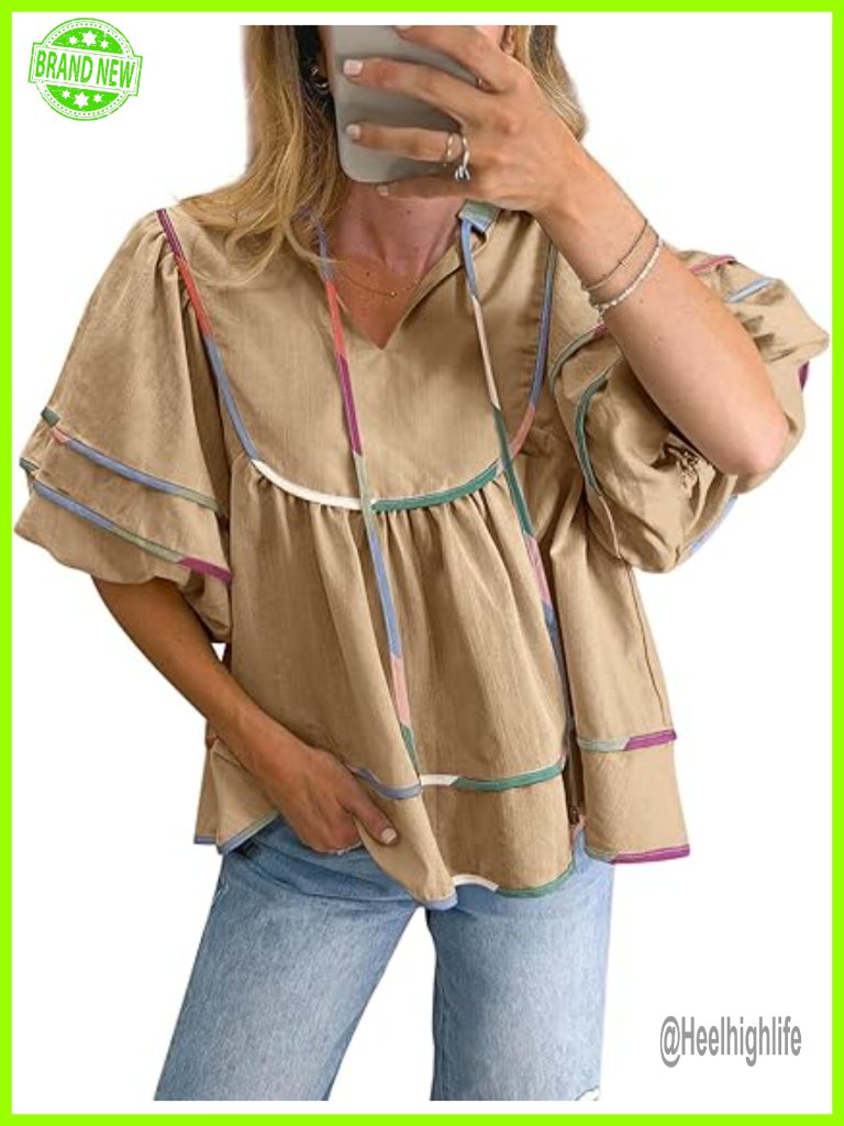 V Neck Short Lantern Sleeve Babydoll Top Blouse